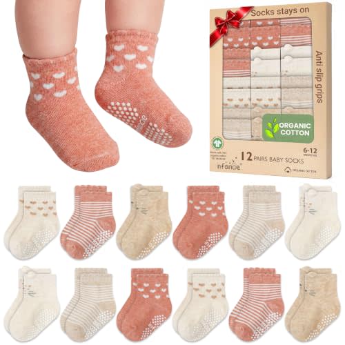 GOTS Organic Cotton Blend 12 infant socks with Grip 6-12M Boy Non Slip Gift | Oeko-Tex Certified, Baby Socks, 12 Pairs, Newborn Boy Socks, Baby Socks 12 Months, Peach & Beige, For Baby Boys, 6-12 Month