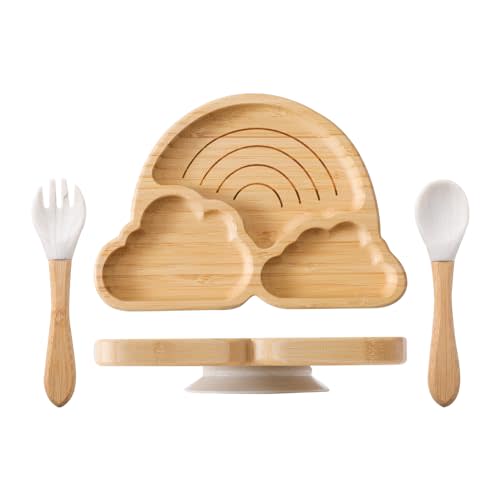 let's make Marble Plate Set, 4 Pieces Bamboo Suction Place Setting for Baby-Led Weaning Feeding Set, Rainbow Design