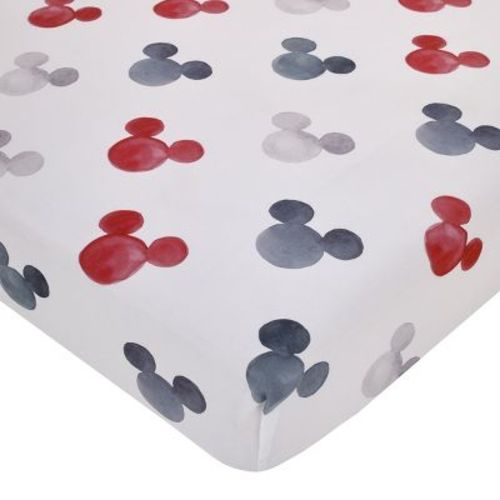 NoJo Disney Mickey Mouse - Black, White, Gray and Red Watercolor Mickey Ears Nursery Fitted Crib Sheet
