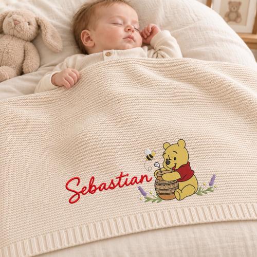 Custom Pooh Honey Embroidered Knit Baby Blanket, Personalized Name Disney Pooh Tigger Piglet Blanket, Nursery Keepsake, Newborn Gift
