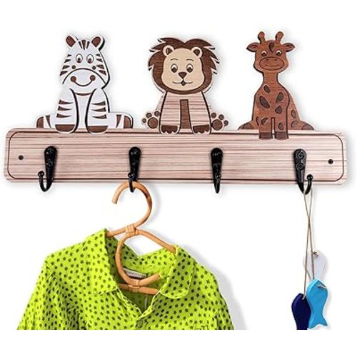 Kids Toddler Coat Hat Rack -13.7" Long Nursery Wood Colorful Cute Animal Wall Hooks Mount for Kids Room