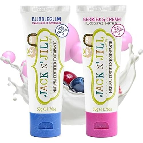 Jack N' Jill Natural Toothpaste for Kids - Safe if Swallowed, Contains 40% Xylitol, Fluoride Free, Organic Fruit Flavor, Makes Tooth Brushing Fun - Bubblegum & Berries N' Cream, 1.76 oz (Pack of 2)