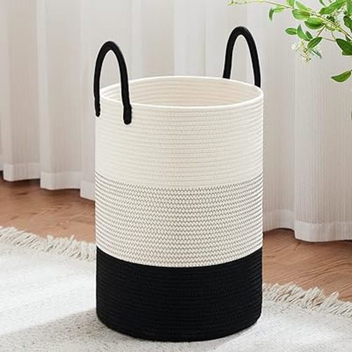 VIPOSCO Large Laundry Hamper, Tall Woven Rope Storage Basket for Blanket, Toys, Dirty Clothes in Living Room, Bathroom, Bedroom - 58L White & Black