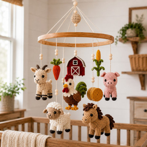 Handmade Crochet Farm Animal Baby Mobile Goat Sheep Horse Pig Crib Nursery Decor