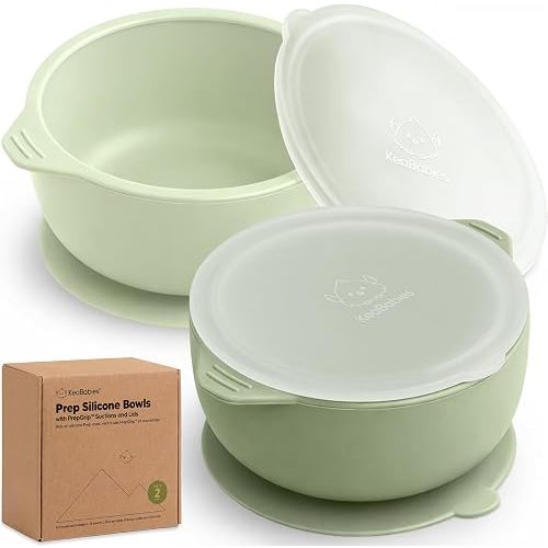 KeaBabies 2-Pack Baby Bowls with Suctions, Lids, BPA-Free Silicone (Sage)