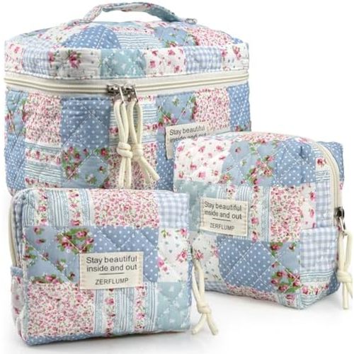 Cute Quilted Floral Makeup Bag(3Pcs),Coquette Aesthetic Cosmetic Bag,Travel Toiletry Bags, Kawaii Aesthetic pouch for Women (64-GridRose)