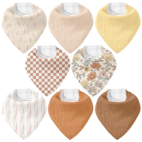 8 Pack Muslin Baby Bandana Bibs for Drooling and Teething | Absorbent Cotton Drool Bib for Baby Boy Girl, Easy Adjustable Bibs for Newborn Infants Toddlers, 0-36 Months, Retro Floral