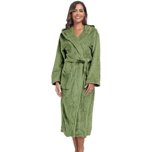Womens Hooded Plush Bathrobe Warm Fleece Soft Long Robe Fuzzy Full Length Gown Shower Spa House Kimono for Women