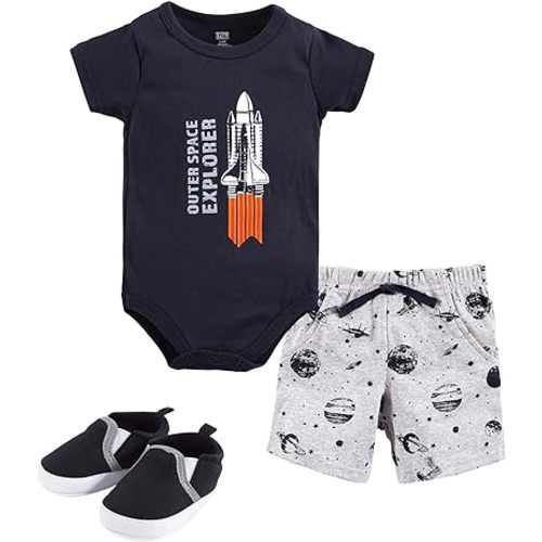 Hudson Baby Unisex Baby Cotton Bodysuit, Shorts and Shoe Set