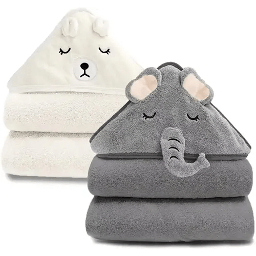 URSEORY 2 Pack Hooded Baby Towels, Premium Soft Bath Towel for Babies, Newborn, Infant and Toddler, Ultra Absorbent, Natural Baby Stuff Towel with Hood for Boy and Girl (Elephant, Bird)