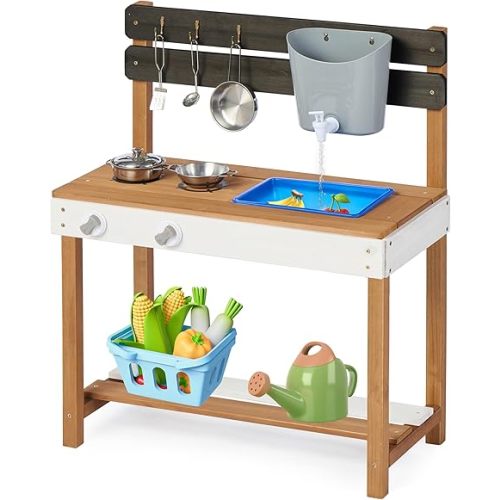 Outdoor Wooden Mud Kitchen with Water Play & Cooking Toys, Kids Play Kitchen Playset for Backyard Patio, Gift for Ages 3+