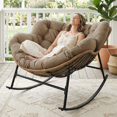 BULEXYARD Outdoor Papasan Rocking Chair, Oversized Egg Patio Lounge Chair | 450 Lbs Capacity, Large Size, Brown Rattan Frame with Thick Cushion, Comfy Egg Rocker Chair for Outside Bedroom Garden