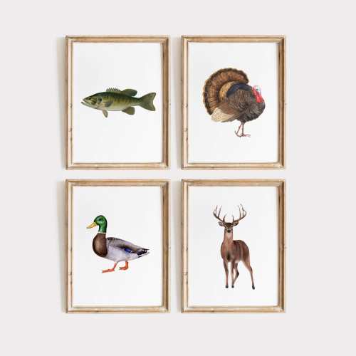 Boys Hunting Nursery Decor, Buck Mallard Gobbler Bass Print, Set of 4, Kids Bedroom Deer Duck Turkey Fish, Wildlife Art