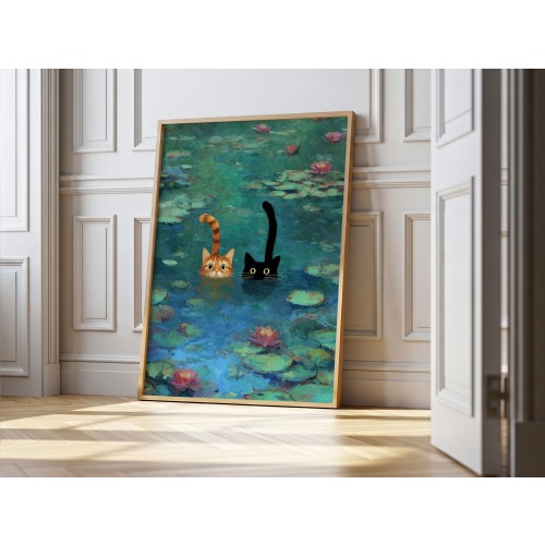 Monet Inspired Art Print: Whimsical Water Lilies Funny Cat Wall Art
