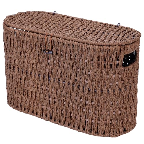 Coeusy Toilet Paper Storage Basket with Lid, Wicker Basket for Bathroom | Hand-Woven Paper Rope, Rattan Toilet Paper Holder, Organizer for 6 Mega Rolls with Handle, Boho Decorative Decor, Brown