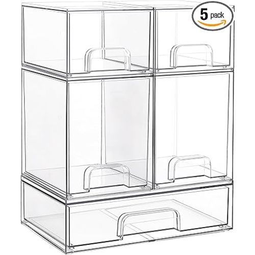 Vtopmart Stackable Storage Drawers Set of 5, Clear Plastic Organizer Bins for Baby Bottle, Beauty Supplies Storage, Ideal for Kichen Countertop, Vanity, Bathroom, Cabinet, Pantry Organization