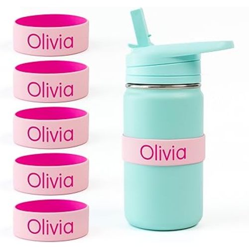 Mabel’s Labels Personalized Two-Tone Engraved Silicone Name Bands – Reusable Dishwasher-Safe Name Bands for Water Bottles, Sippy Cups & Drinkware (Pink & Light Pink, 5 Pack)