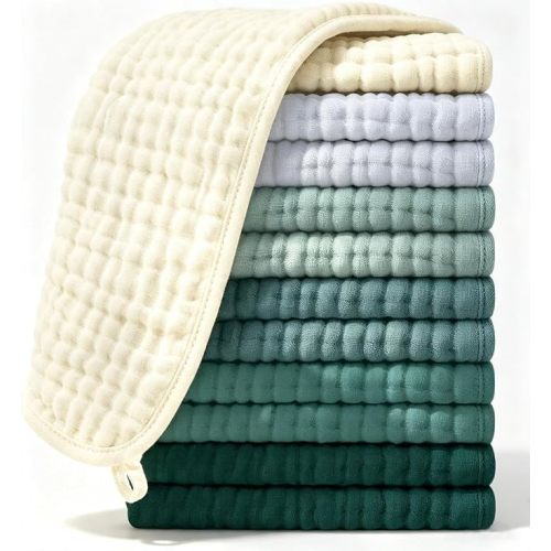 Ease Cubs 12 Pack Muslin Burp Cloths Large 100% Cotton Hand Washcloths, Baby Essentials Absorbent and Soft Burping Rags for Newborn Registry, 20" X10", Ivory, Slate and Emerald Series
