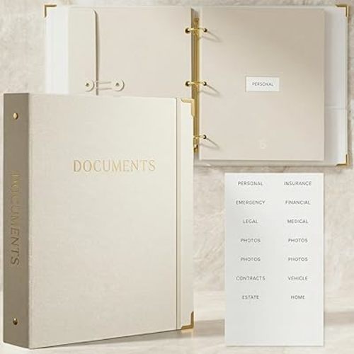 Sturdy Document Organizer Set with Folders - Beautiful Linen 3-Ring Binder Safely Stores All Important Documents & Files in One Place - Easy to Use Expanding Storage Incl. Envelopes, Pockets & Labels