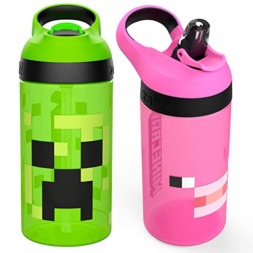 Zak Designs Minecraft Kids Water Bottle with Straw and Built in Carrying Loop Set, Made of Plastic, Leak-Proof Water Bottle Designs (Creeper/Pig, 16 oz, 2pc Set)