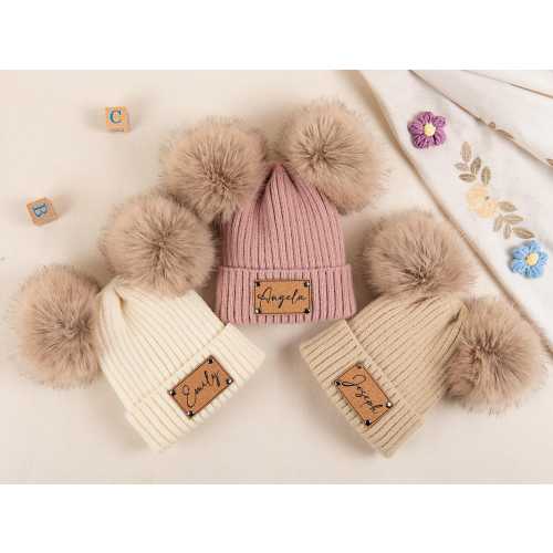 Custom Baby Pom-Pom Hats with Names, Personalized Children's Winter Pom-Pom Hats, Leather Name Patch Pom-Pom Hats, Newborn Beanies