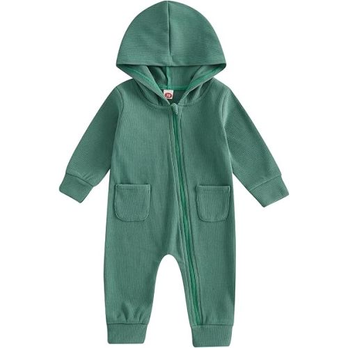 Ynibbim Winter Newborn Baby Boy Girl Solid Romper Unisex Infants Hooded Outfit Clothes Waffle Cotton Button Jumpsuits