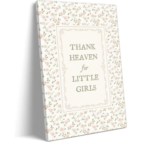 Girl Nursery Canvas Wall Art, Thank Heaven for Little Girls Quotes Poster, Farmhouse Floral Pattern Pastel Pink Wall Print, Flowers Green Botanical Picture for Kids Bedroom 12x16in Framed