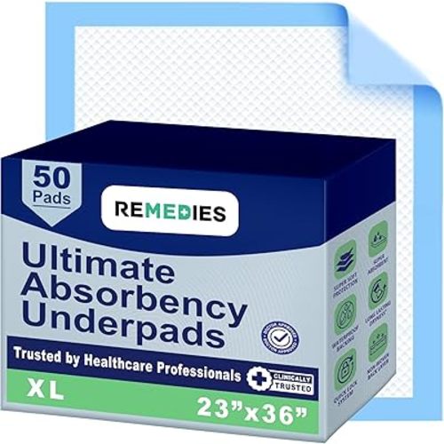 Remedies - Bed Pads Disposable Adults, Seniors, Kids & Puppy Pads - 23" x 36" - Large Disposable Underpads - 50 Count, Incontinence Underpads for Beds & Furniture, Dog Pee Pads, Dogs Chucks Pads