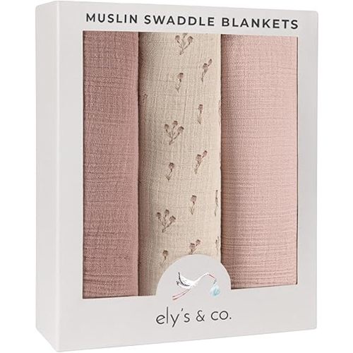 Ely's & Co. Muslin Swaddle Blanket 3-Pack 100% Cotton Muslin 47"x 47" Mauve Bluebell