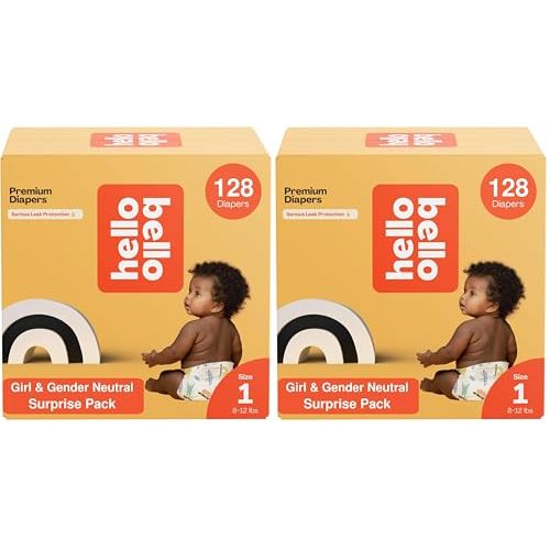 Hello Bello Premium Diapers, Size 1 (8-12 lbs) Surprise Pack for Girls - 128 Count, Hypoallergenic with Soft, Cloth-Like Feel - Assorted Girl & Gender Neutral Patterns (Pack of 2)