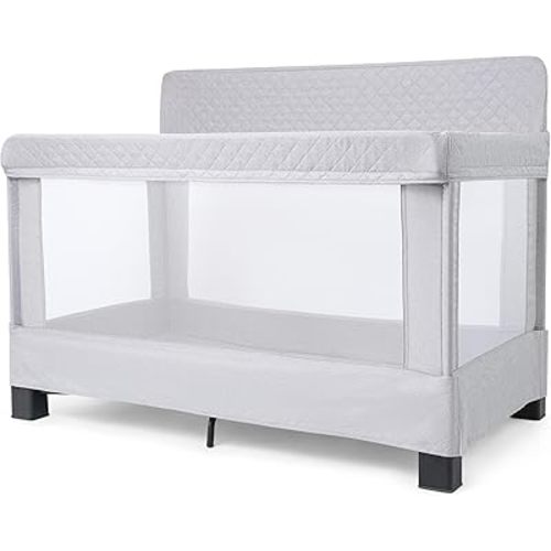 Baby Delight Horizon Full Size Crib, Breathable Mesh Walls, Tool-Free Assembly Baby Bed, Luxe Quilted Easy to Clean Fabric, Grey