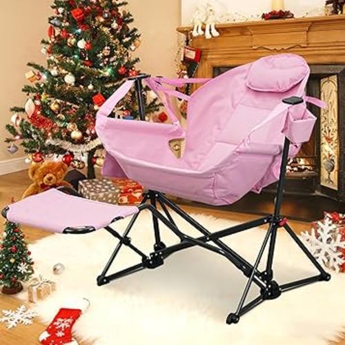 GDY Camping Chairs, Oversized Hammock, Folding Rocking Chairs, Adjustable Back Swing Chairs, Cup Holder, Outdoor Beach Lawn, Pink.