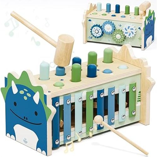 Lehoo Castle Baby Montessori Toys for 1 2 Year Old, Wooden Hammering Pounding Toy with Xylophone, Educational Learning Activities for 1 2 3 Year Old Boys First Christmas Birthday Gifts - Dinosaur