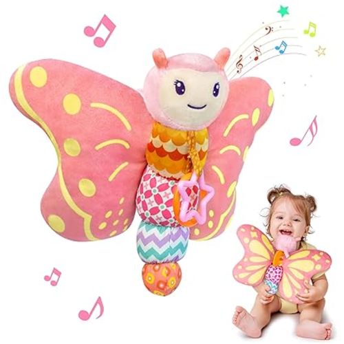 Baby Toys 0-6 Months,Infant Musical Sensory Stuffed Animal with Squeaker,Rattle,Crinkle Wings,Teether & Hanging Ring,Tummy Time Toy for Newborn 0-3-6-12 Months Boys & Girls Gift,Butterfly,Pink
