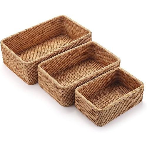 Natural Rattan Fruit Storage Baskets Rectangular Woven Wicker Box for Key Holder Remote Stackable Natural Set of 3