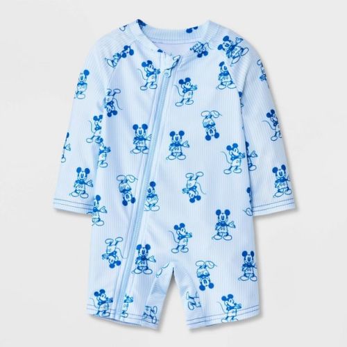 Disney Baby Boys' Mickey Mouse Striped 1pc Rash Guard Swimsuit - Light Blue 6M