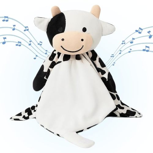 Love By Emi 4 in 1 Baby Lullaby Sleep Soother Toy - Stuffed Animal Sound Machine & Pacifier Holder | Heartbeat White Noise & Music | Plush Cow Lovey Sleep Aid Security Blanket (0-3 Years)