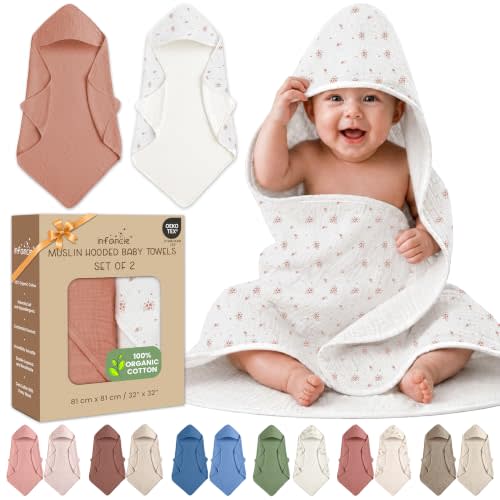 100% Organic Cotton 2 PK Muslin Baby Hooded Towels Newborn 32x32in | Oeko-TEX Certified, Bath & Hooded Towels, Kids Towels Bath, Hooded Towels For Baby, Cinnamon & Wildflower Unisex Design,