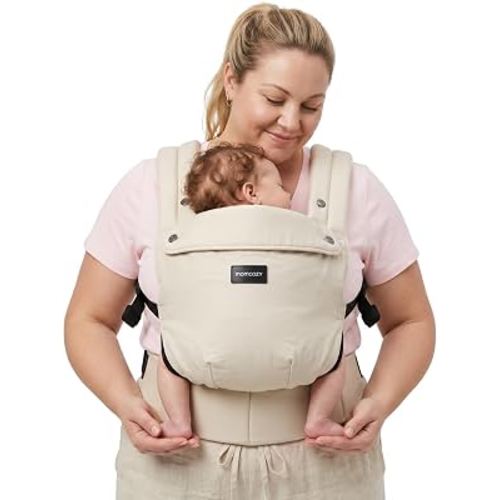 Momcozy PureHug Baby Carrier - Ergonomic, Cozy and Lightweight (Plus Size) | Easy to Wear, IHDI Hip-Healthy, Lumbar Support, X-Straps for Weight Distribution, 100% Cotton, Fits 45"-69" Waist, Khaki