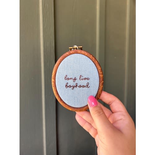 Hand Embroidered Denim Hoop Art: Nursery Decor, Long Live Boyhood/Girlhood