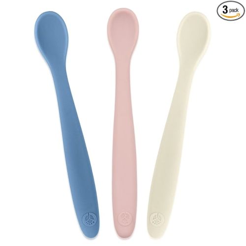 WeeSprout Silicone Baby Spoons - First Stage Infant Feeding Utensils With Soft-Tip, Bendable Kitchenware for Parent & Self-Feeding, Ultra-Durable, Dishwasher Safe, Travel Case, Set of 3