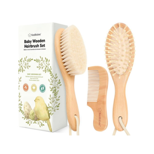 Baby Hair Brush Set for Newborns - Soft Goat Bristle Wooden Baby Brush and Comb Set Newborn Grooming Kit for Cradle Cap, Durable & Gentle, Boy, Girl Infant Essentials Care Kit (Oval, Walnut)