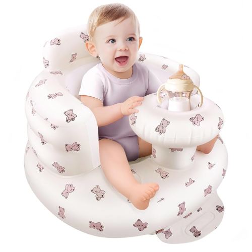 Arscniek Inflatable Baby Seat Built in Air Pump, Blow Up Baby Chair with Back Support and Tray, Sit Me Up Floor Seat for Babies 3-36 Months, Portable Infant Chairs for Indoor and Outdoor- Biscuit Bear