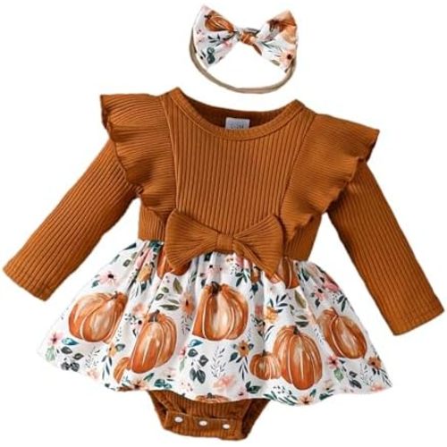 3Pc Baby Girl Halloween Clothes Orange Pumpkin print Romper dress