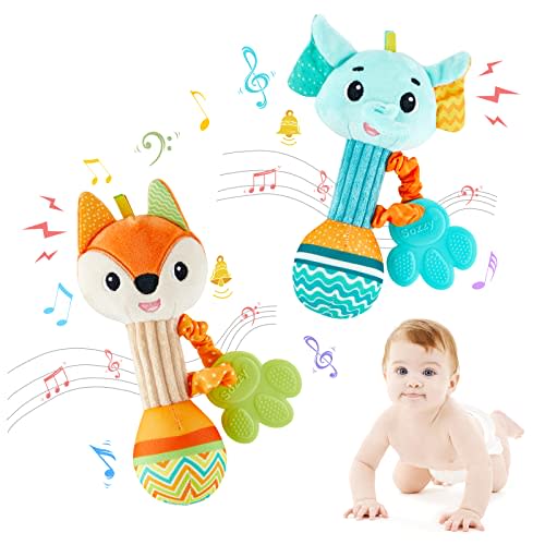 Baby Rattles 0-6 Months，Baby Soft Rattles Shaker，Hand Grab Sensory Shaker,Teething Toys for Babies 6-12 Months，Sensory Plush Animal Toys for 0 3 6 9 12 Months Newborn Toys, 2PCS