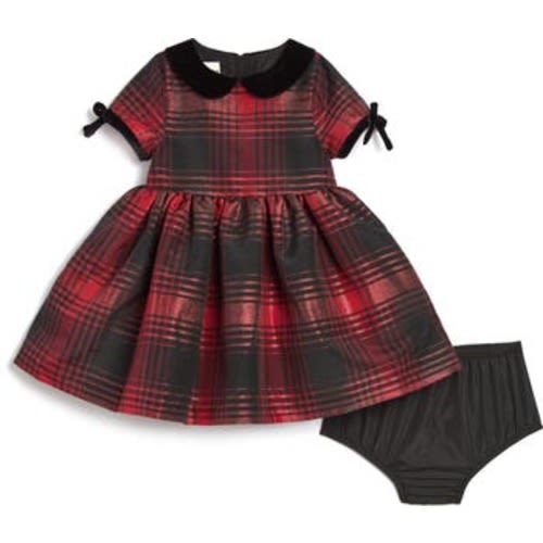 Molly Velvet Trim Plaid Peter Pan Collar Party Dress with Bloomers, 12M