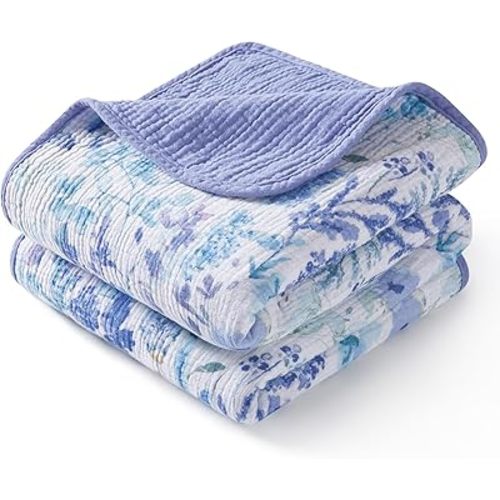 TILLYOU Muslin Baby Blankets for Girls Boys, Cotton Baby Blankets, Soft Breathable and Lightweight 40"X40", Blue Flower