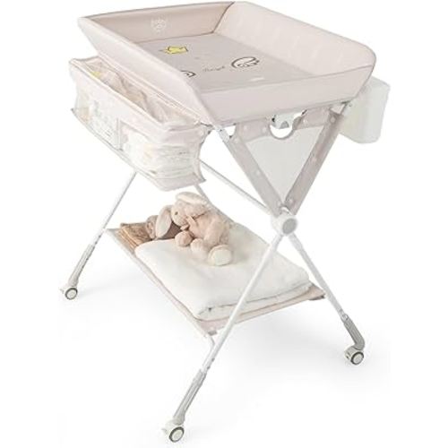 BABY JOY Portable Baby Changing Table, Foldable Diaper Changing Station with Wheels, Adjustable Height, Large Storage Rack, Trash Can, Mobile Nursery Organizer for Newborn Infant (Beige)