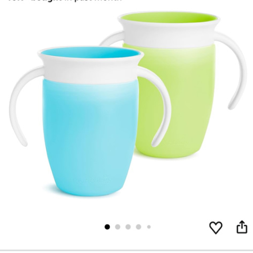 Munchkin Sippy Cup for 6 Month Old and Up, Spill Proof Miracle 360 Toddler Cups with Transition Handles, 7 Ounce, 2 Pack, Blue/Green