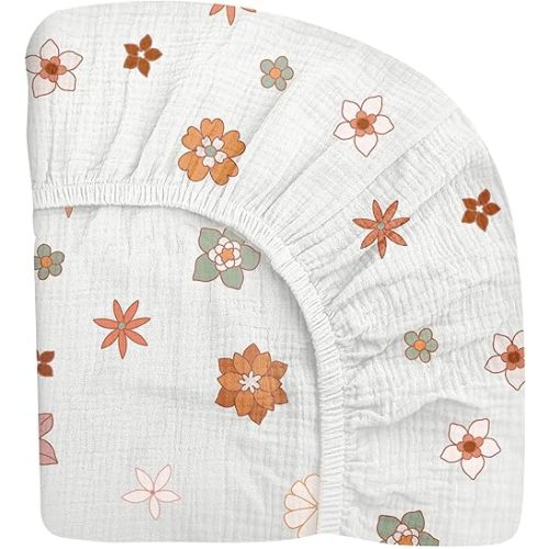 Pack and Play Sheets for Baby Boys and Girls 39"x27"x3", Neutral Muslin Cotton Pack N Play Mattresses Sheet with Boho Style, Soft and Breathable Comfort (Flower-B)